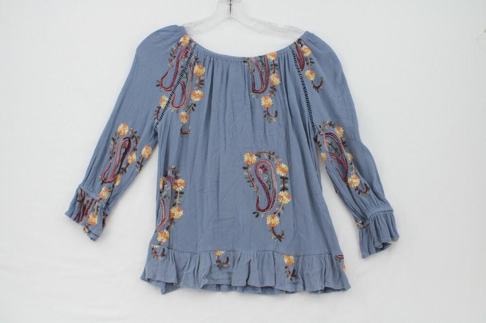 LIV Los Angeles Embroidered Tunic Top Blue size Small Boho Festival Hippie